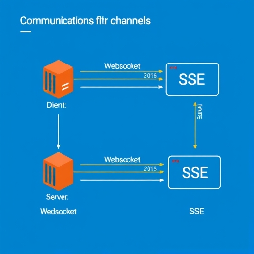 技術概念插圖，展示WebSocket的雙向通訊通道與SSE的單向通道，資料在伺服器與客戶端間流動，代表即時協議