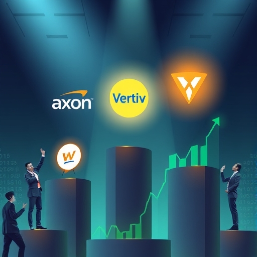 三個獨特的公司標誌Axon、Vertiv和DraftKings在獨立基座上閃耀，周圍環繞著熱情的投資者和顯示強勁上升趨勢的財務圖表，代表市場領導地位