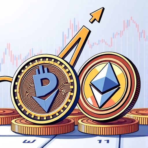 比特幣與以太坊數位資產圖示,顯示以太坊對比特幣的向上趨勢,背景包含圖表與箭頭,象徵市場分析與山寨幣季節來臨