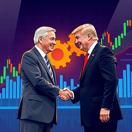 兩位多元政客在數位商品市場圖表前握手,齒輪轉動象徵兩黨合作與立法進展