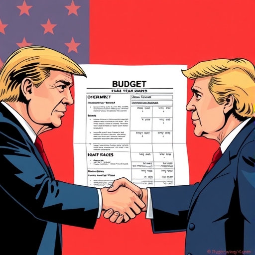 兩位對立政治人物在複雜預算文件上握手，展示兩黨努力化解政府停擺