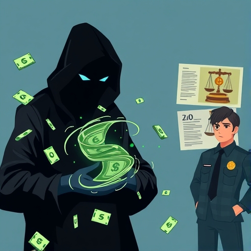 陰影人物代表拉撒路集團駭客使用旋渦狀Tornado Cash元素洗錢的插圖,開發者身影在一旁憂慮,背景有法律文件和警徽,強調嚴重指控