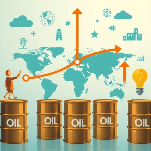 顯示全球互聯因素影響能源公司向上軌跡,包括油桶、世界地圖、經濟成長箭頭、地緣政治符號