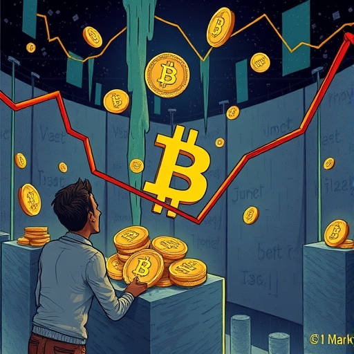 比特幣價格劇烈下跌的戲劇性場景，顯示投資者擔憂與市場積累跡象