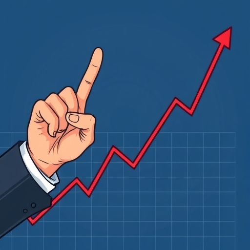 股票走勢圖顯示急劇下跌後向上反彈,手指向上指向投資機會,描繪聰明投資者在低點買入的市場分析與財務策略