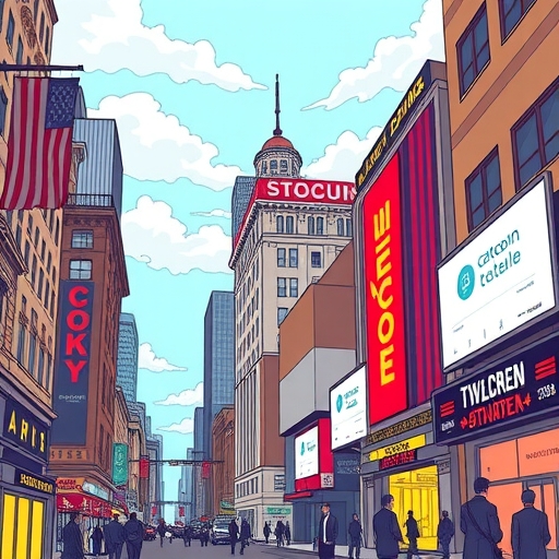 華爾街天際線與股市標題，金融專家討論全球經濟趨勢對比特幣影響