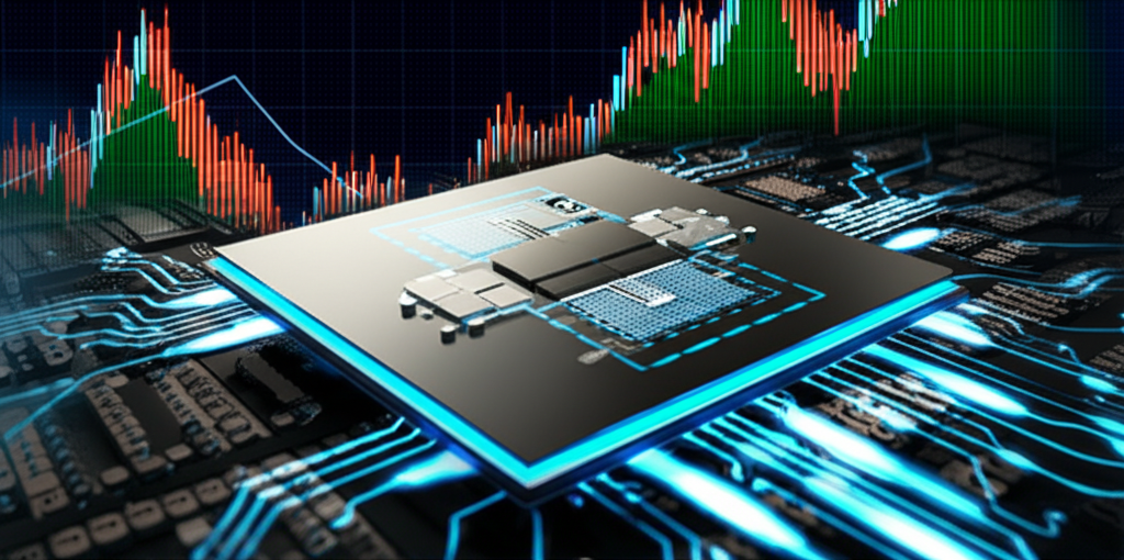 NVIDIA GPU 用於訓練複雜 AI 模型，背景為股價上漲圖表的插圖