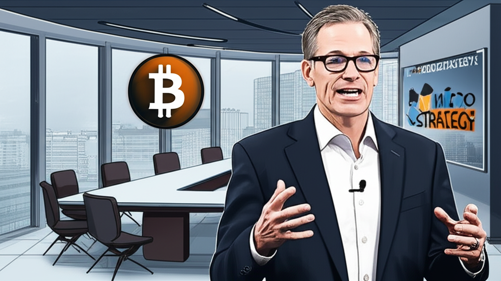 邁克爾·塞勒熱情倡導比特幣的插圖,顯示 MicroStrategy 標誌在企業環境中