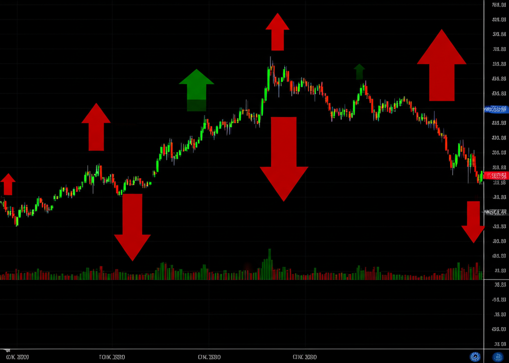 特斯拉股價市場反應波動的插圖,顯示上漲與下跌箭頭