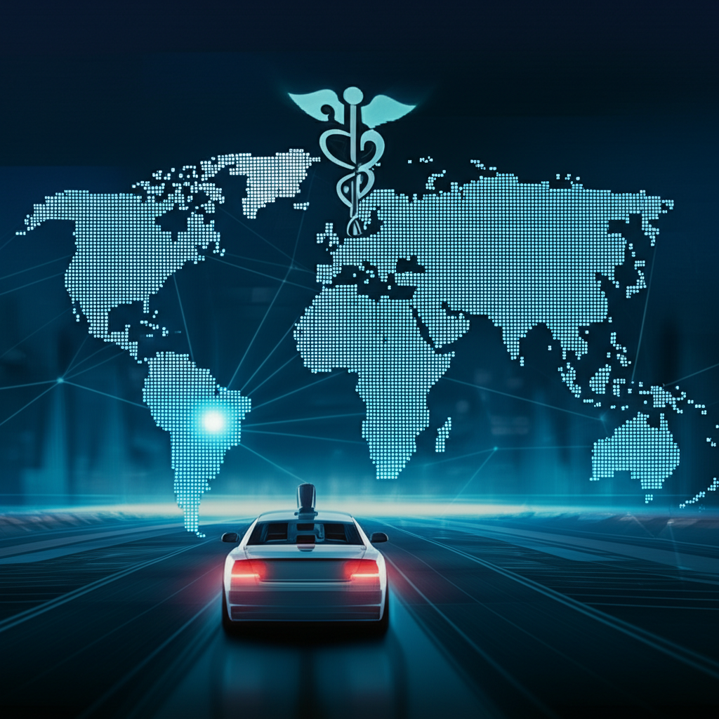 AI技術對各產業的全球影響，如醫療保健和自動駕駛的插圖