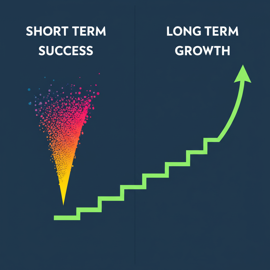 病毒式炒作短期成功與長期可持續成長的對比圖示