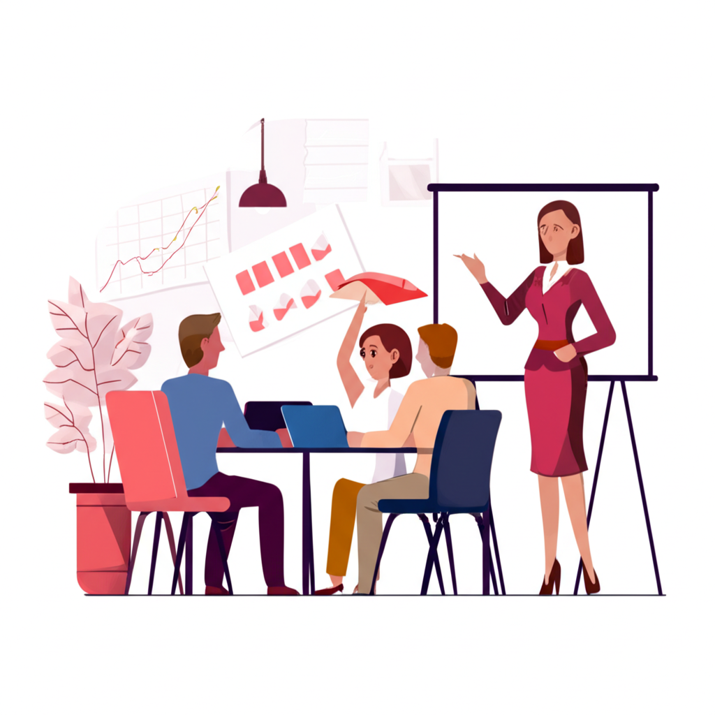 現代新創環境中創辦人參與精修學校課程,強調軟實力與優雅的插圖