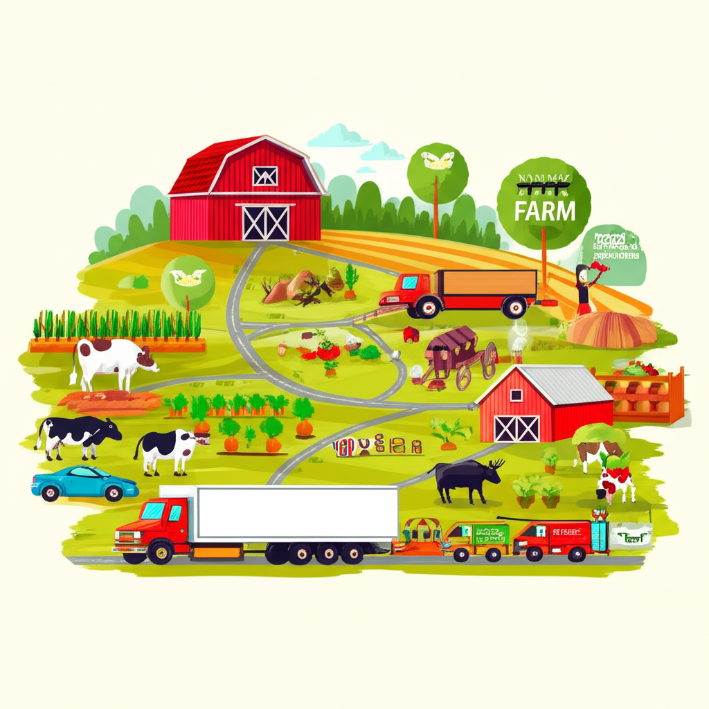 聚焦永續採購與最小浪費的農場到餐桌食品旅程插圖