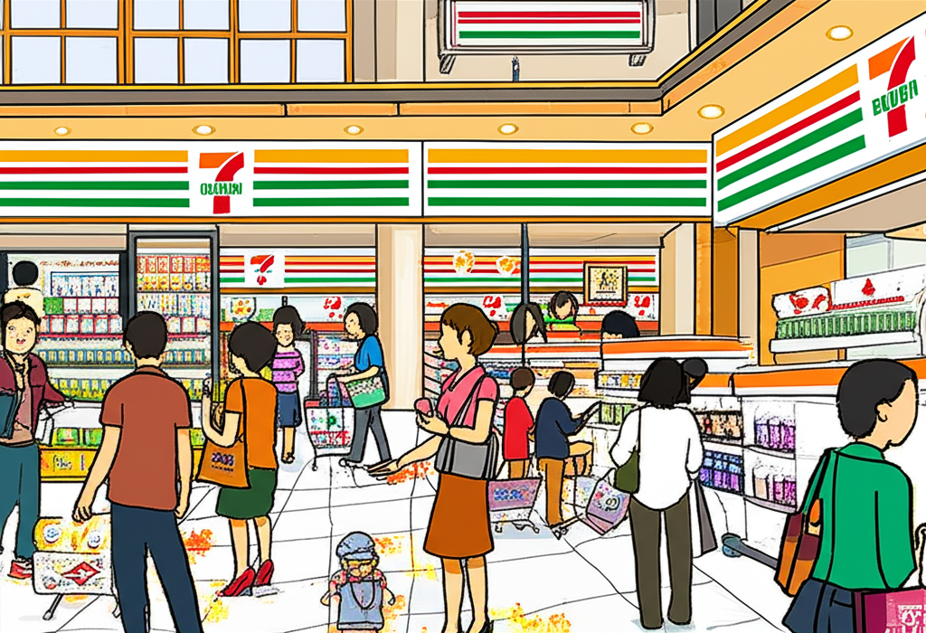 illustration of a busy street in Taiwan with people shopping at 7-ELEVEN stores