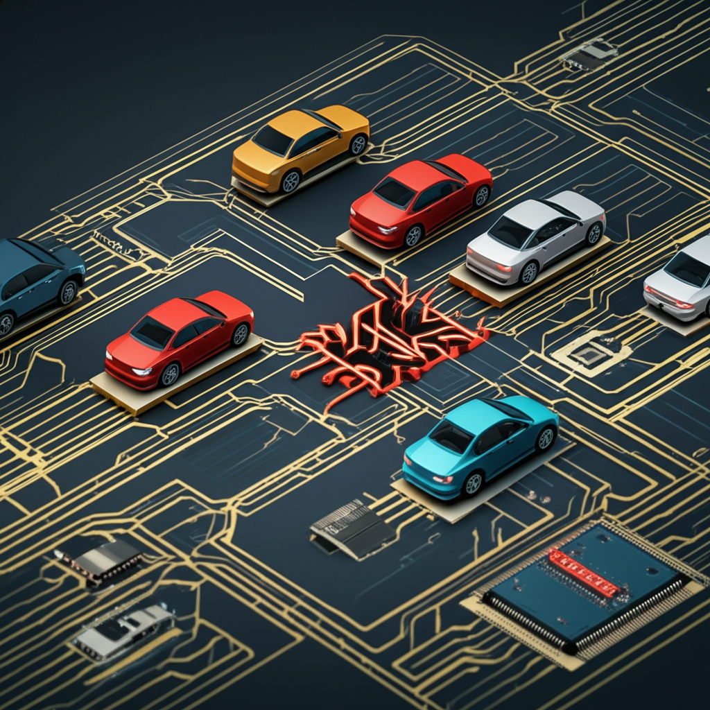 全球供應鏈挑戰與半導體短缺對汽車生產的視覺隱喻