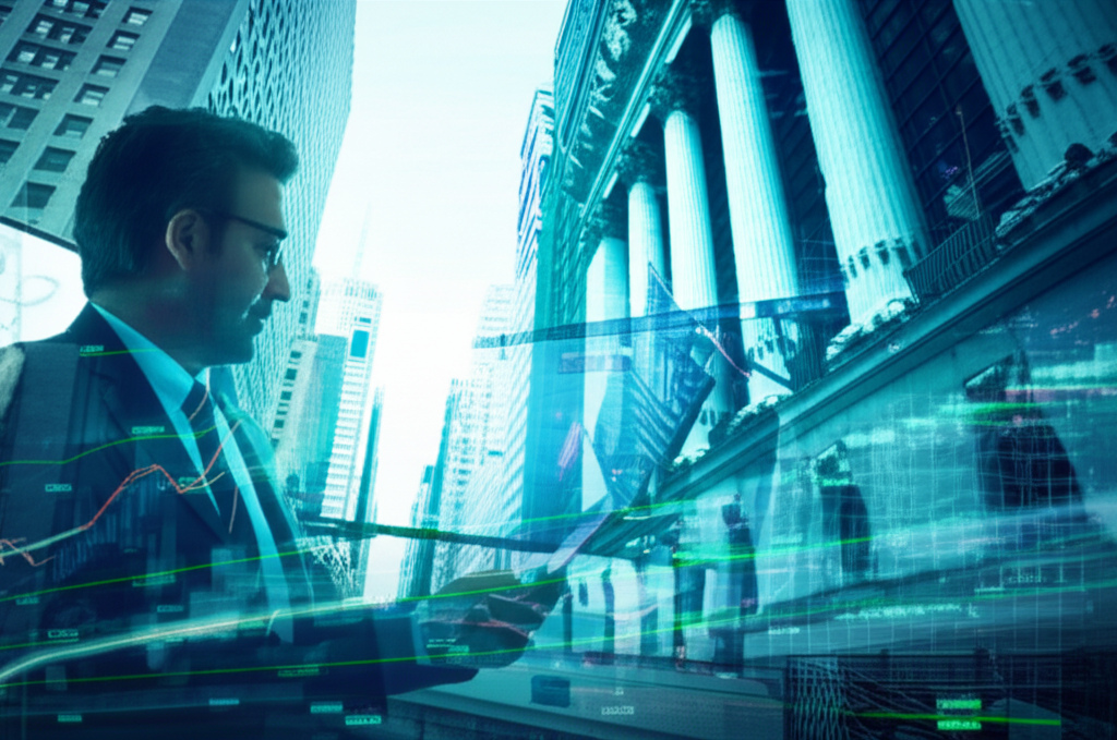 金融專家剖析股票圖表,後方華爾街建築與數位數據流
