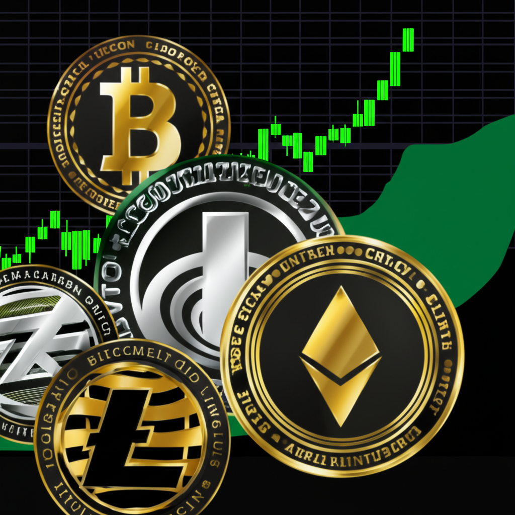 各種加密貨幣幣種與上升股價圖表背景,象徵成長機會的多樣性