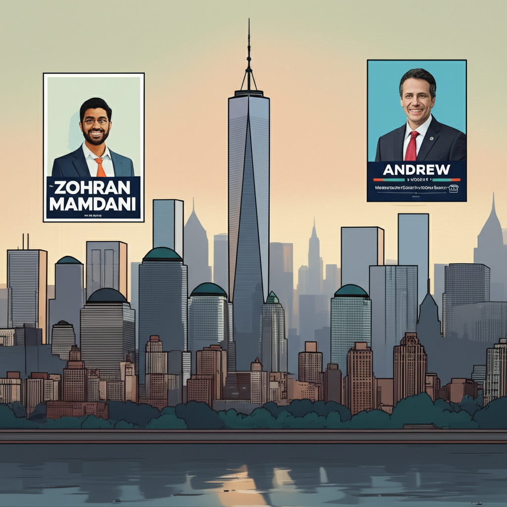 紐約市天際線圖像，展示Zohran Mamdani與Andrew Cuomo的競選海報，象徵他們的意識形態對決