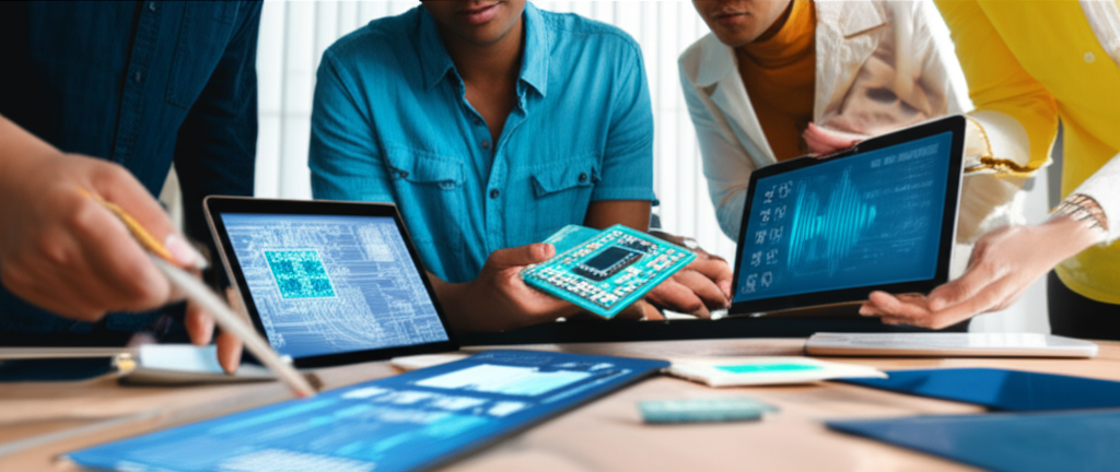 投資者分析 AI 硬體產品,強調技術與用戶體驗平衡的創意描繪,合作環境中