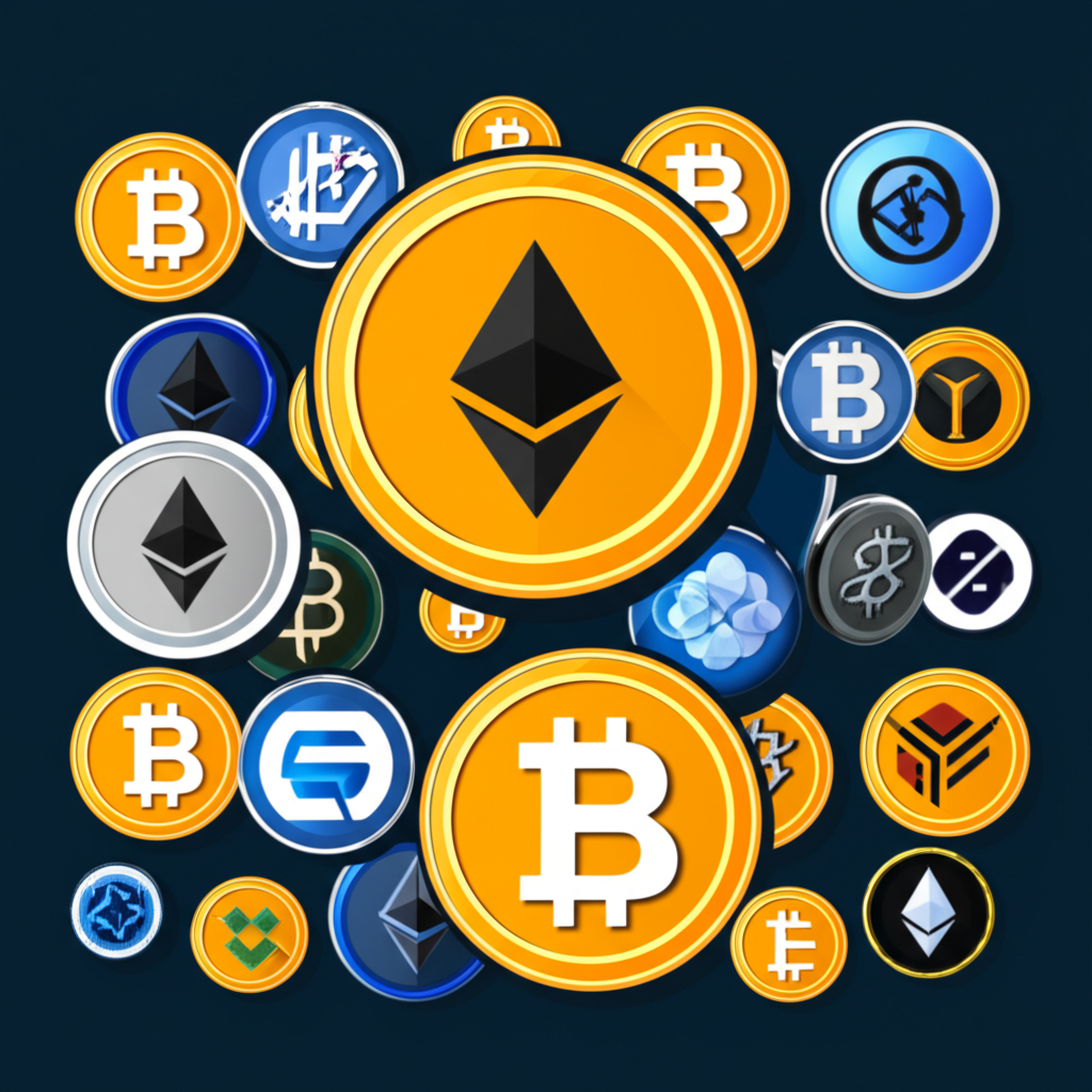 An illustration showing different types of cryptocurrencies like Bitcoin and Ethereum alongside altcoins