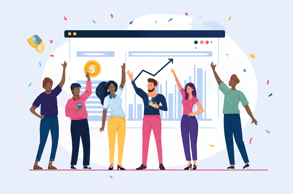 Ventures Platform 團隊慶祝募資成功的插圖,包含圖表與數據