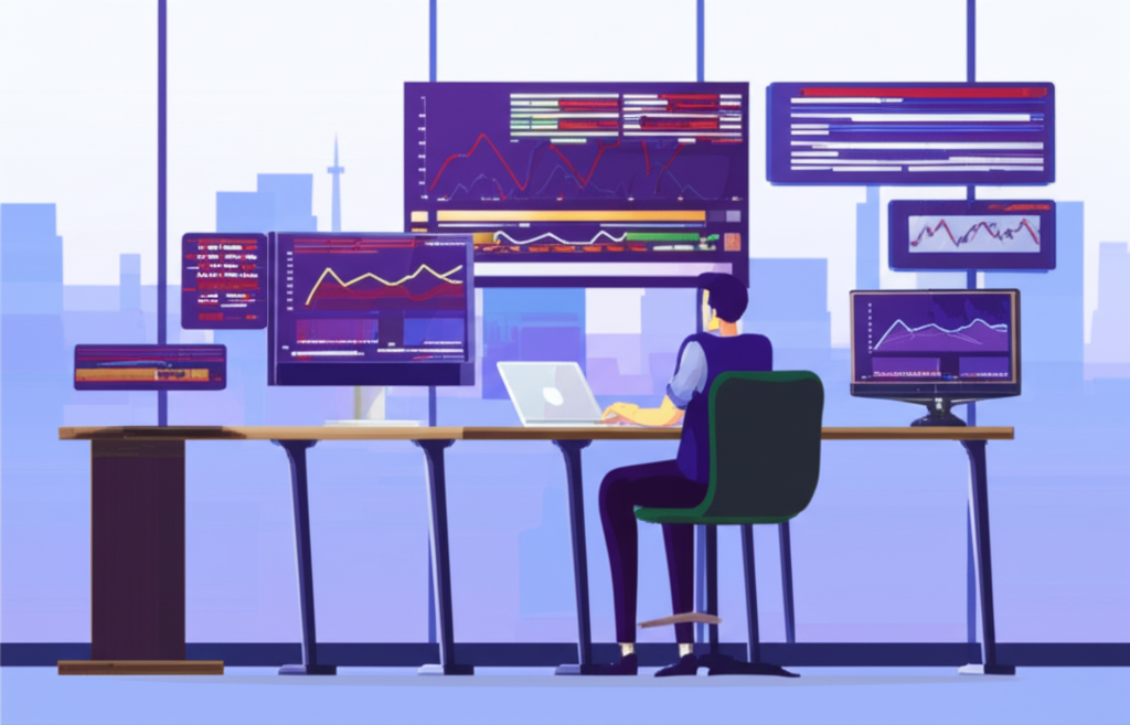 An illustration of a trader analyzing technical charts and graphs in a modern office setting