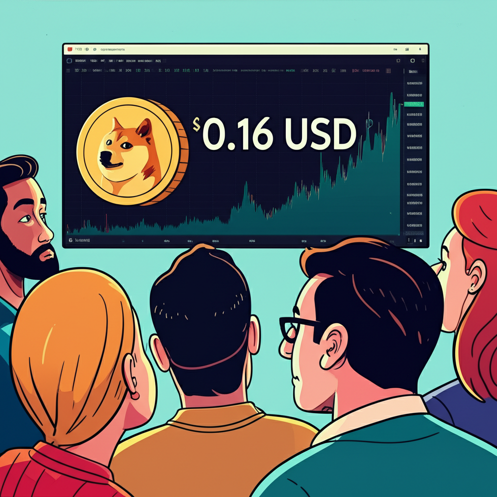 An eye-catching illustration of investors watching Dogecoin with expressions of concern and anticipation as price hovers near 0.16 USD