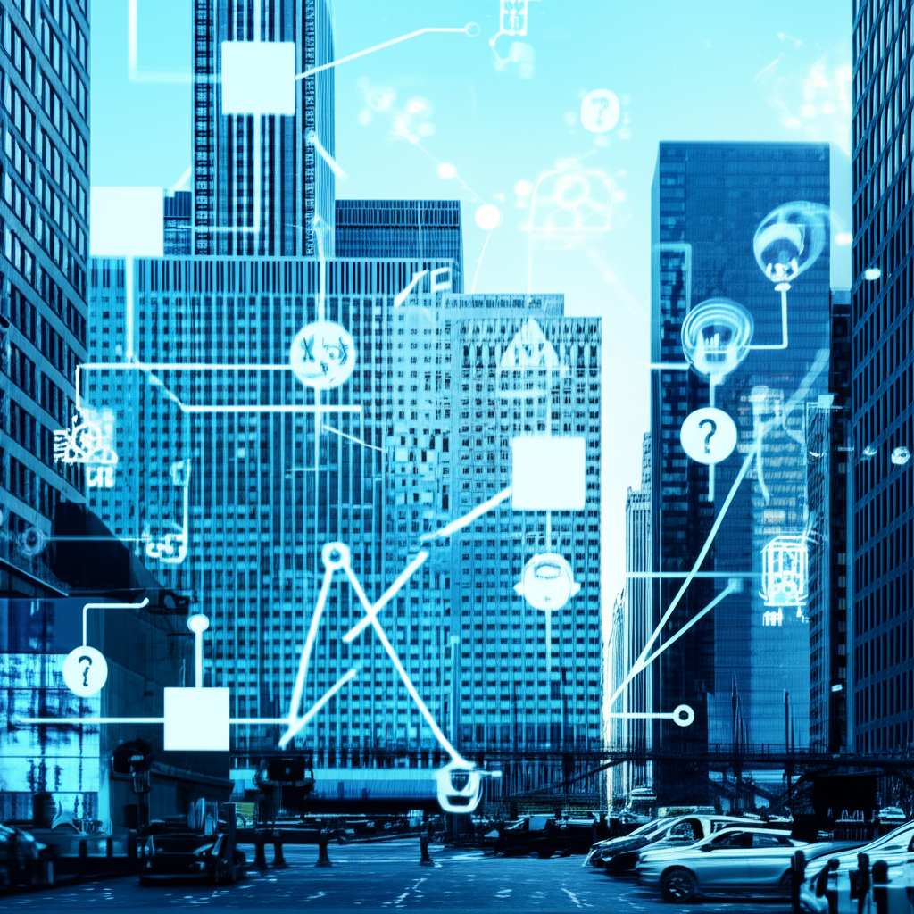 華爾街天際線充滿AI科技符號,營造投資者不確定與謹慎氛圍