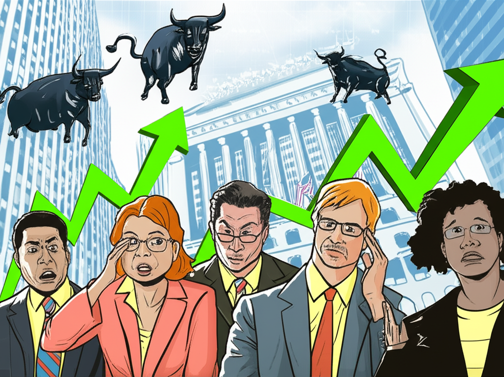 華爾街牛市象徵與上升趨勢圖表,前景中擔憂的投資者