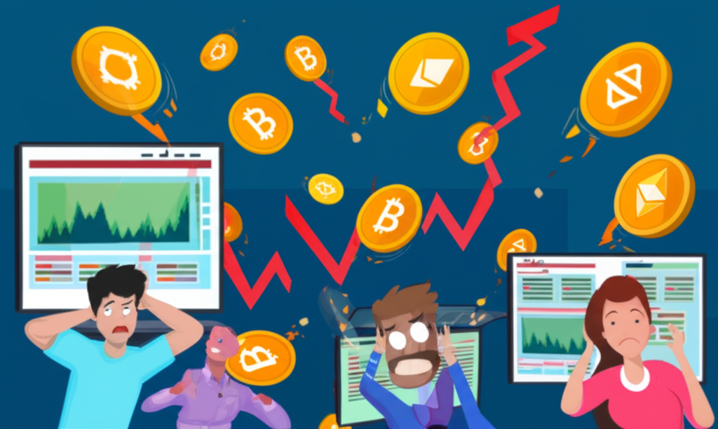 混亂的加密貨幣市場,比特幣、以太幣和索拉納價值暴跌,交易員震驚地看著螢幕