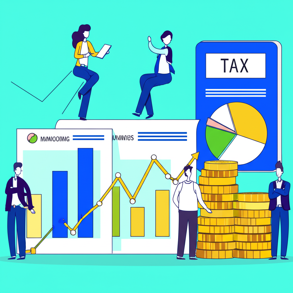 An illustration of investors analyzing municipal bonds considering stable income and tax advantages in a fluctuating economic environment