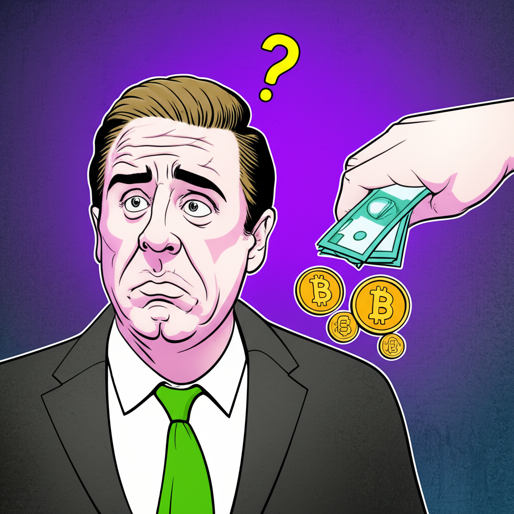 政治人物面露質疑神情,象徵性地接收現金,連結政治與加密貨幣