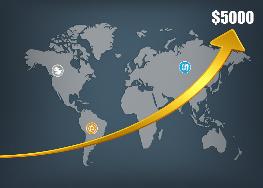 金價圖表向上攀升至5000美元高峰，周遭環繞地緣政治緊張氛圍