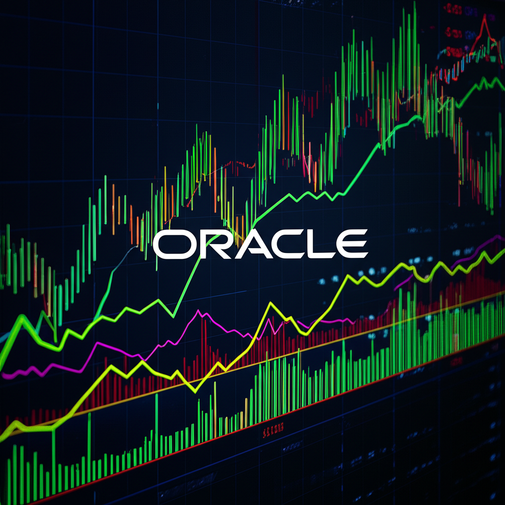 甲骨文股價波動圖示,中央為Oracle標誌,周圍環繞波動的股票圖表