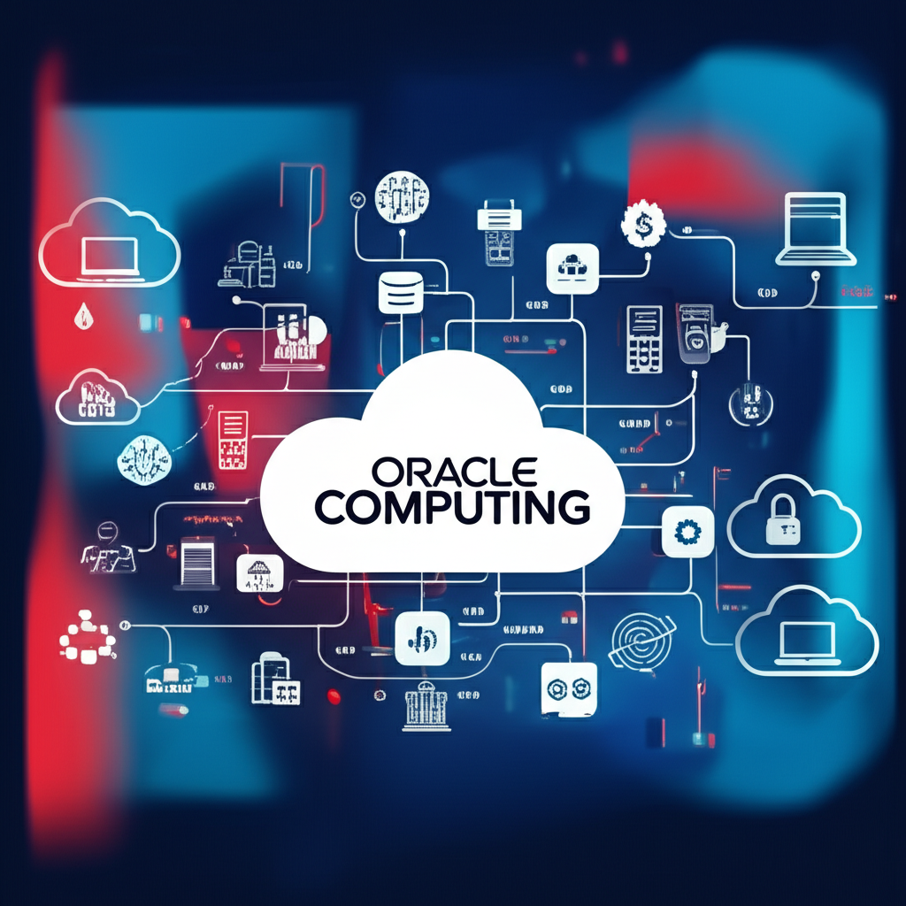 Oracle雲端服務的生動視覺描繪,包含各種圖標和雲端元素