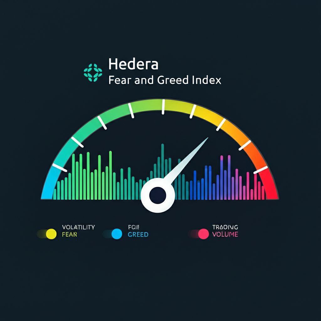 Hedera恐懼與貪婪指數的視覺表示,展示市場情緒指標如波動性和交易量