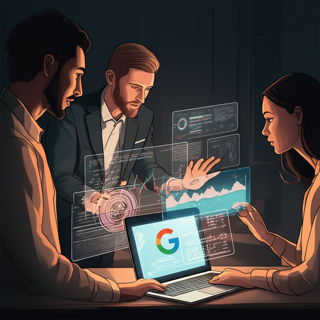 使用者透過 Google 深度研究功能探索金融主題，伴隨未來市場分析圖像