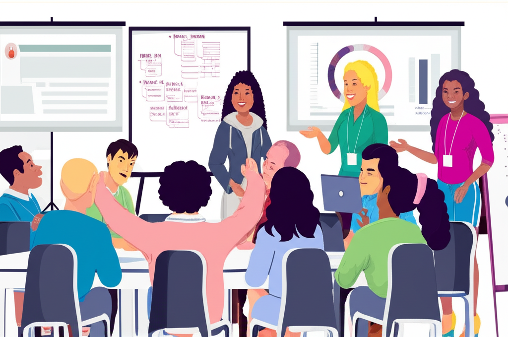 創辦人參與培訓課程,從事有效溝通與人脈建立的插圖