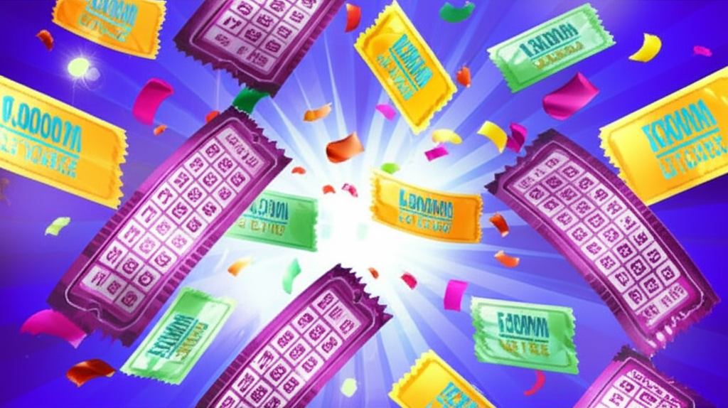 illustration showing the興奮 of winning the lottery with colorful tickets and celebrations