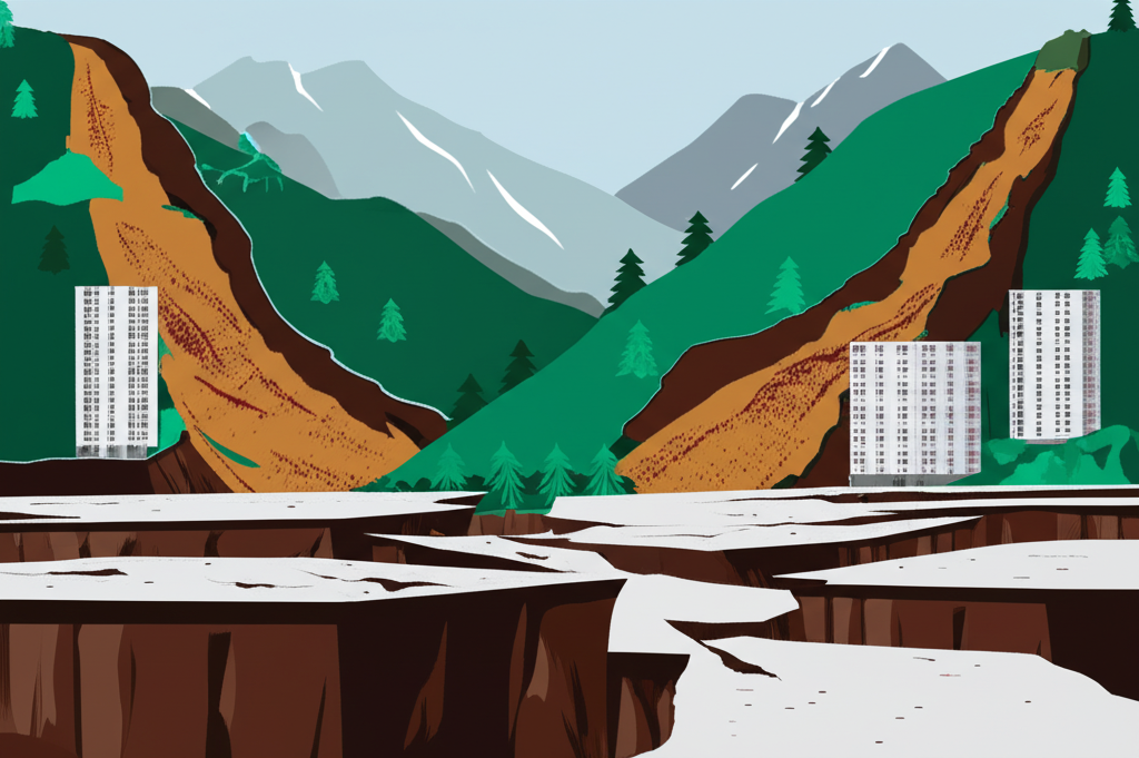 2024年花蓮地震後的災情插圖，顯示受損基礎設施與山崩