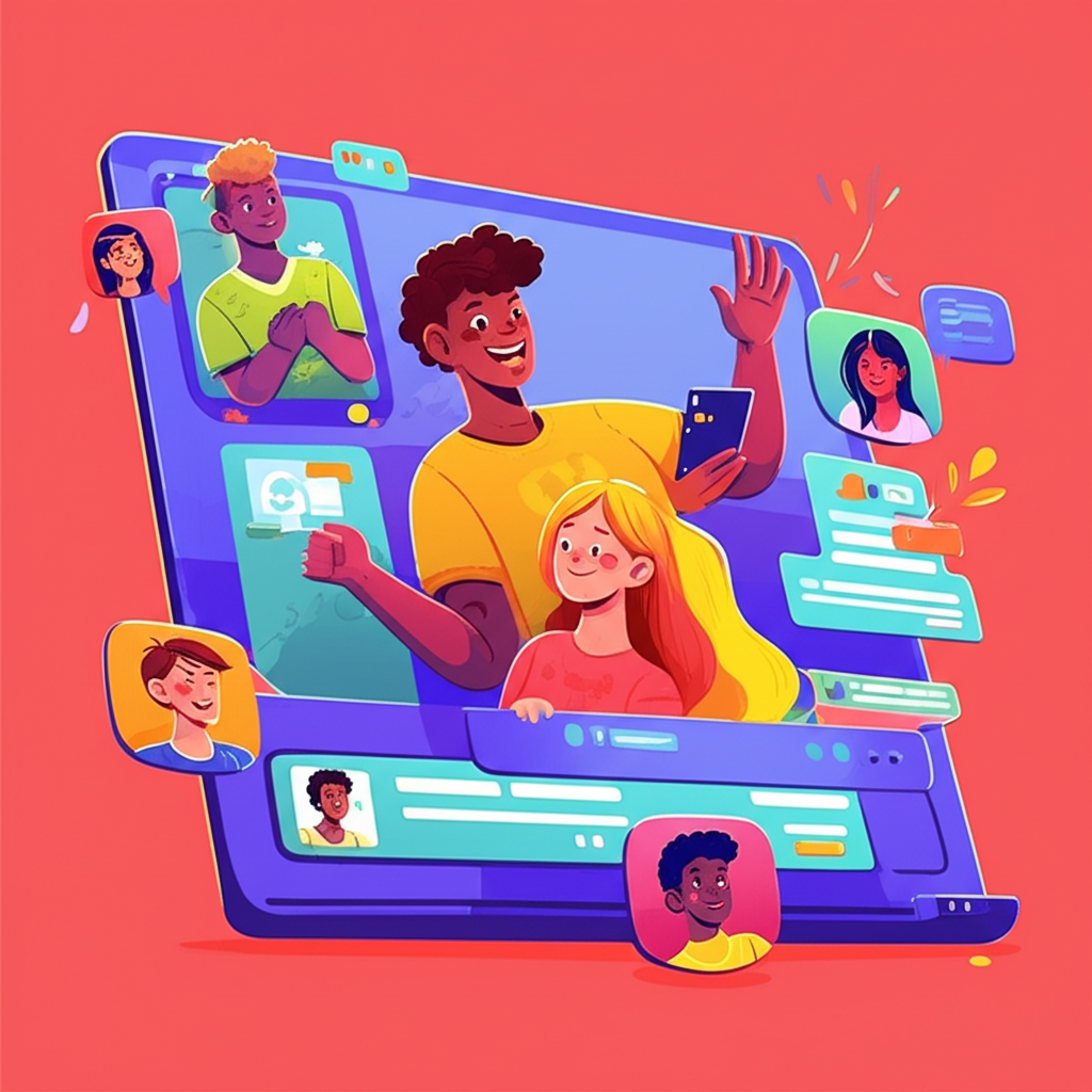 Illustration of teenagers connecting with friends online through Discord showcasing vibrant digital interactions
