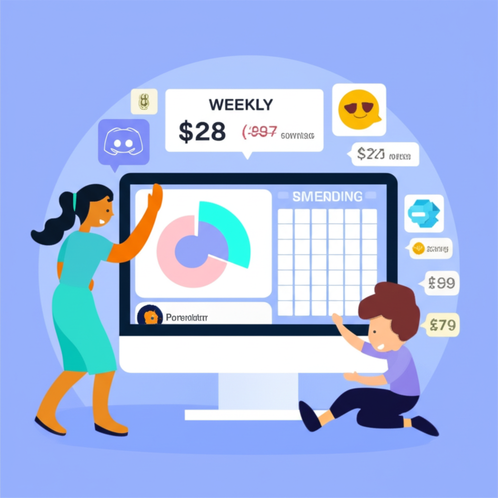 Illustration of a parent monitoring their child's weekly spending on Discord represented with engaging graphics