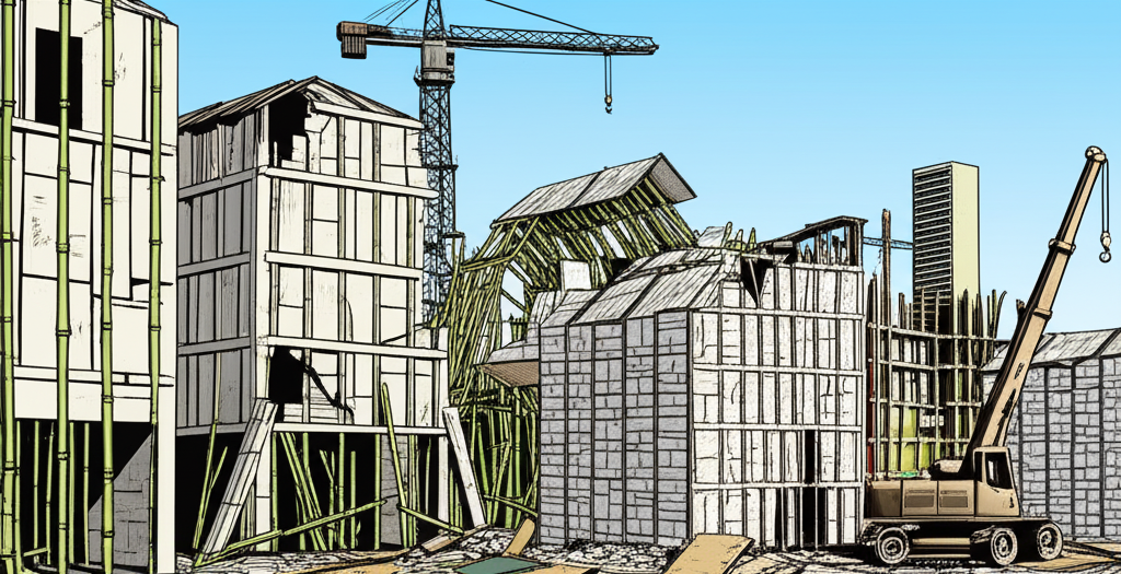 都市景觀中紙竹屋被拆除,周圍進行建築活動的插圖