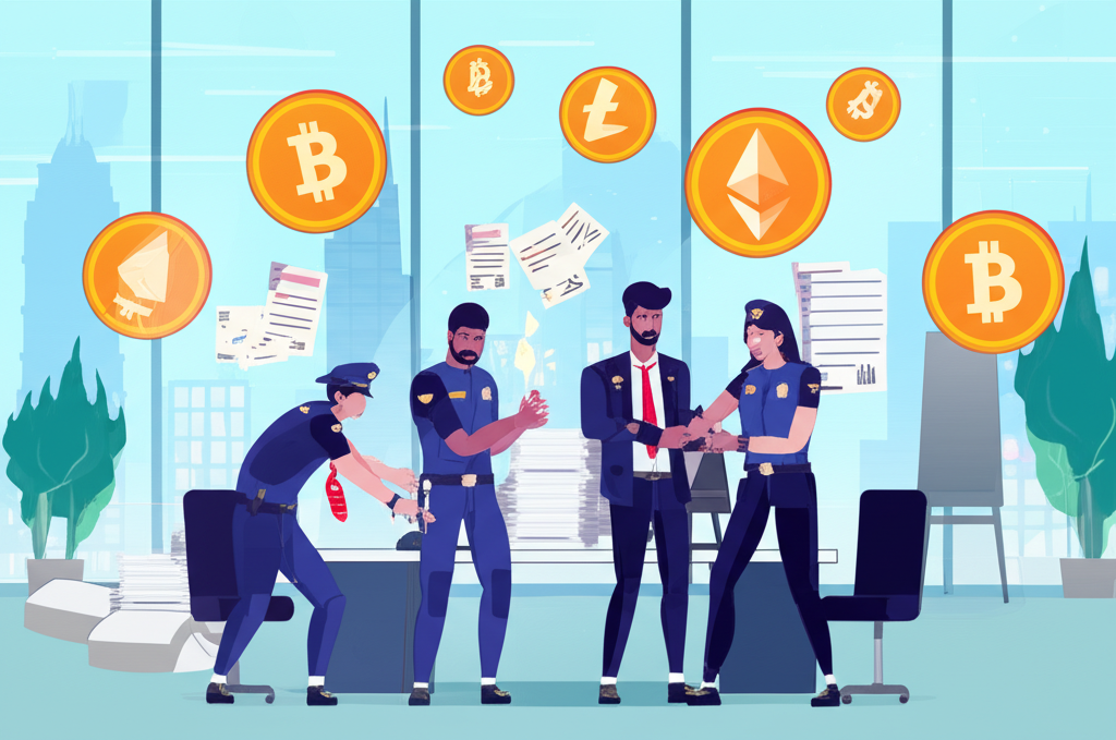 一名男子在現代辦公室中被警方逮捕,周圍環繞加密貨幣符號與財務文件