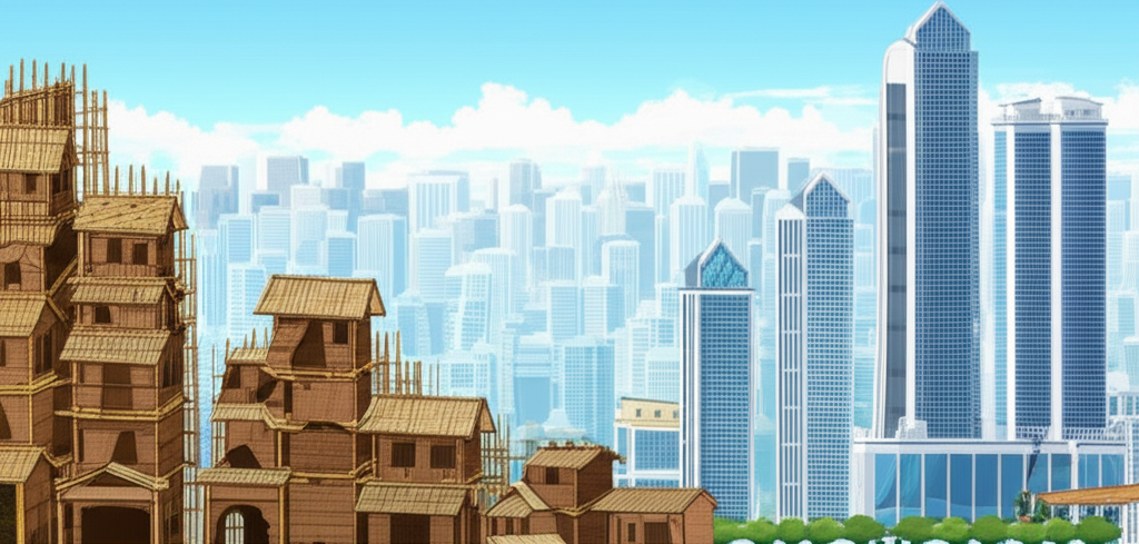 城市天際線轉變,現代建築取代舊紙竹結構的插圖