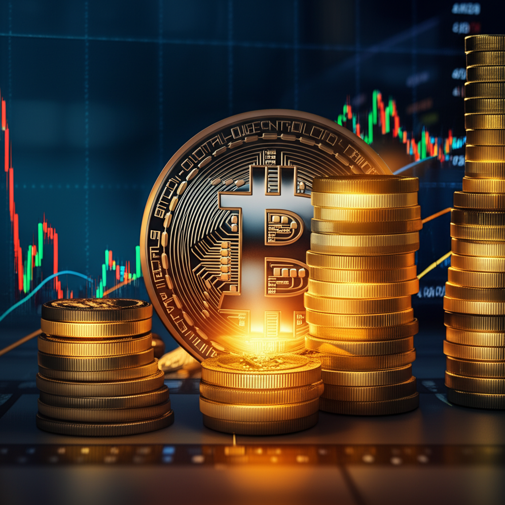 MicroStrategy 比特幣儲備策略的藝術表示,顯示硬幣在現代金融環境中累積