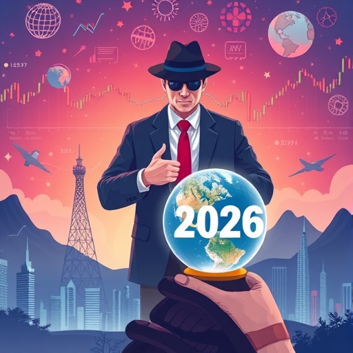 金融市場景觀插圖，展示未來圖表、神秘經紀人揭露身份、2026年市場展望水晶球及投資策略