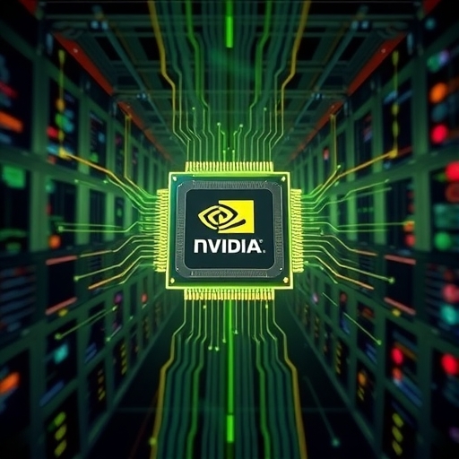 An illustration of a powerful NVIDIA GPU chip at the center of a complex AI data center environment with glowing lines representing data flow and a strong market presence