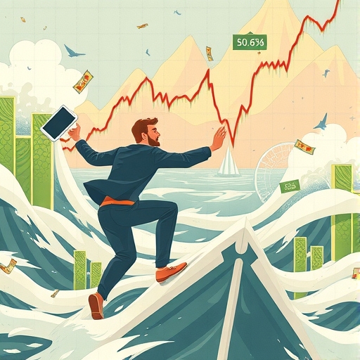 投資者在波動金融市場中導航的插圖，顯示波動性的圖表和圖形，智慧投資者進行長期收益的策略調整