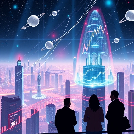 未來城市景觀中發光數據流與環繞衛星，象徵AI與太空經濟推動市場成長，投資者注視全息股票圖表